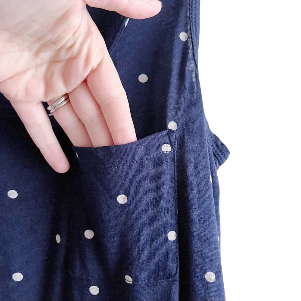 J.Crew Women Small‎ Linen Scoop Neck Tank Top in Navy White Polka Dots